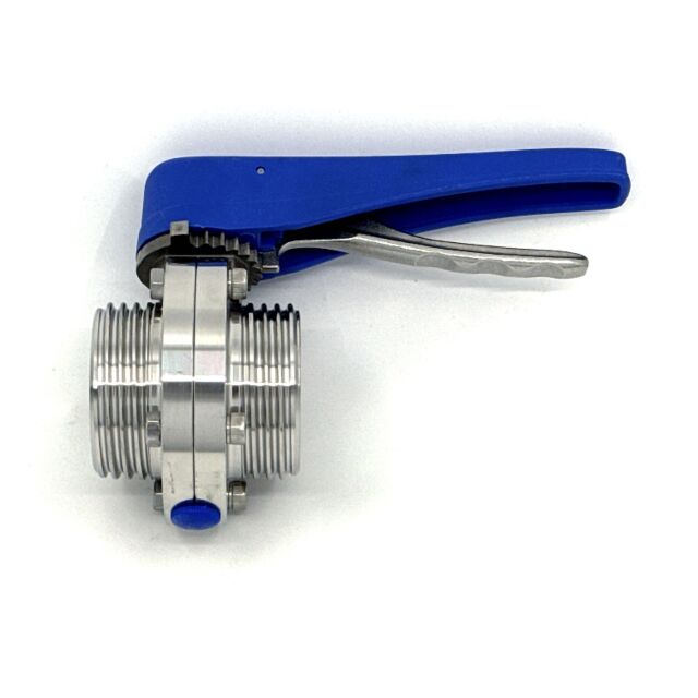 Válvula de mariposa con maneta de tijera. Rosca exterior – Rosca exterior Norma-DIN 11851