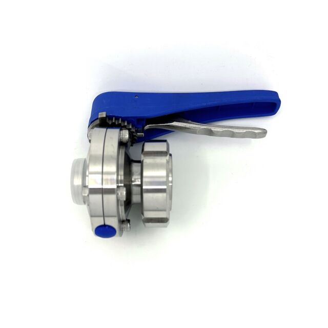 válvula de mariposa con maneta tipo tijera. Rosca interior – conexión para soldar según norma DIN 11851